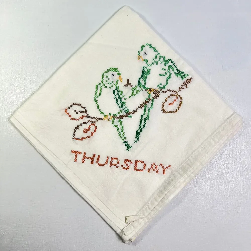 Vintage 4 Tea Towels Set Days of the Week Cross Stitch Love Birds Cottage